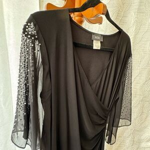 MSK Black Ruched Cocktail Gown with Plunge Neckline and Bell Sleeves